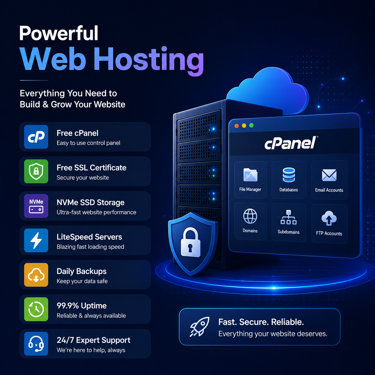 Powerful Web Hosting - Free cPanel, Free SSL, NVMe SSD, LiteSpeed, 99.9% Uptime